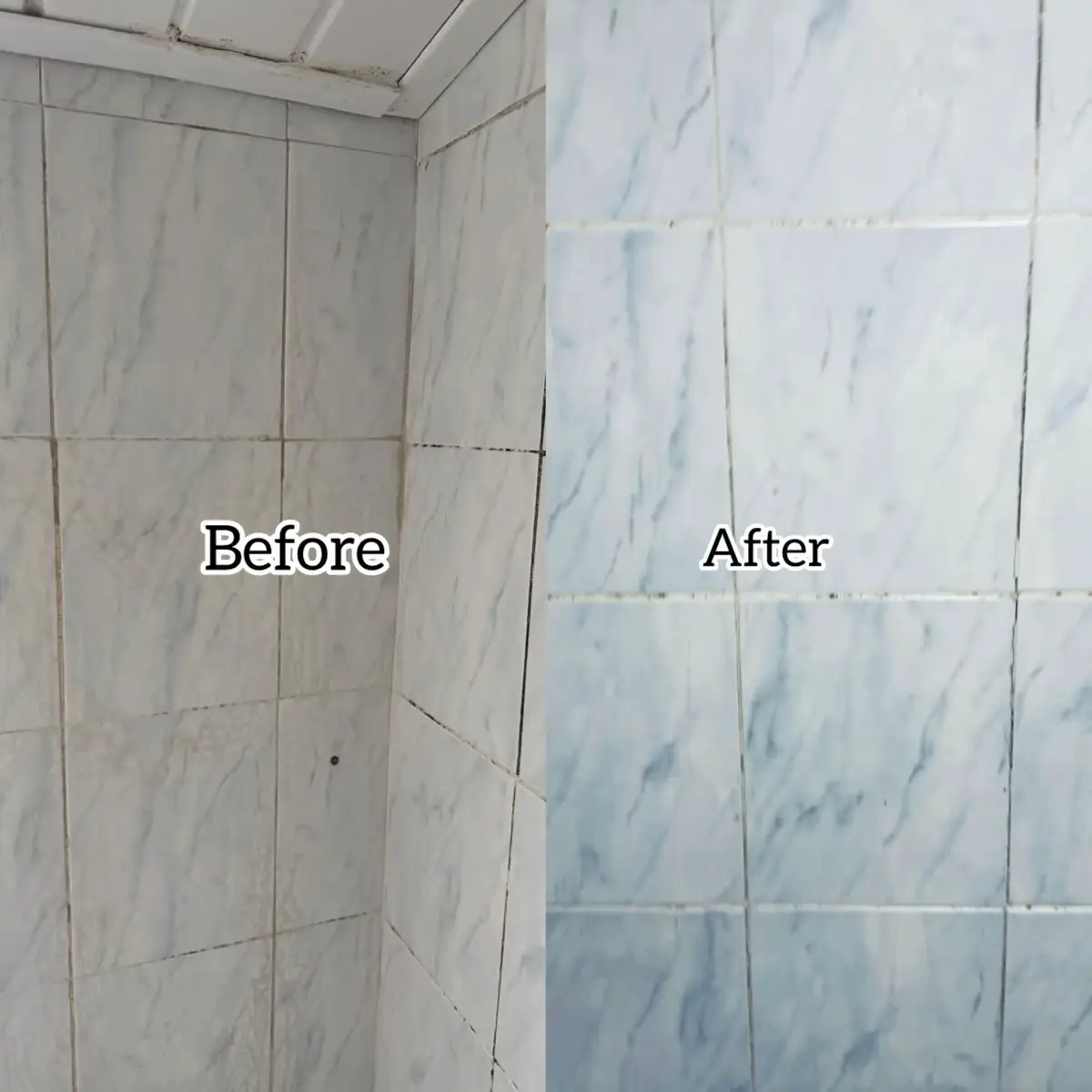 Bathroom tile wall before and after deep clean, removing grime and restoring colour to the tiles