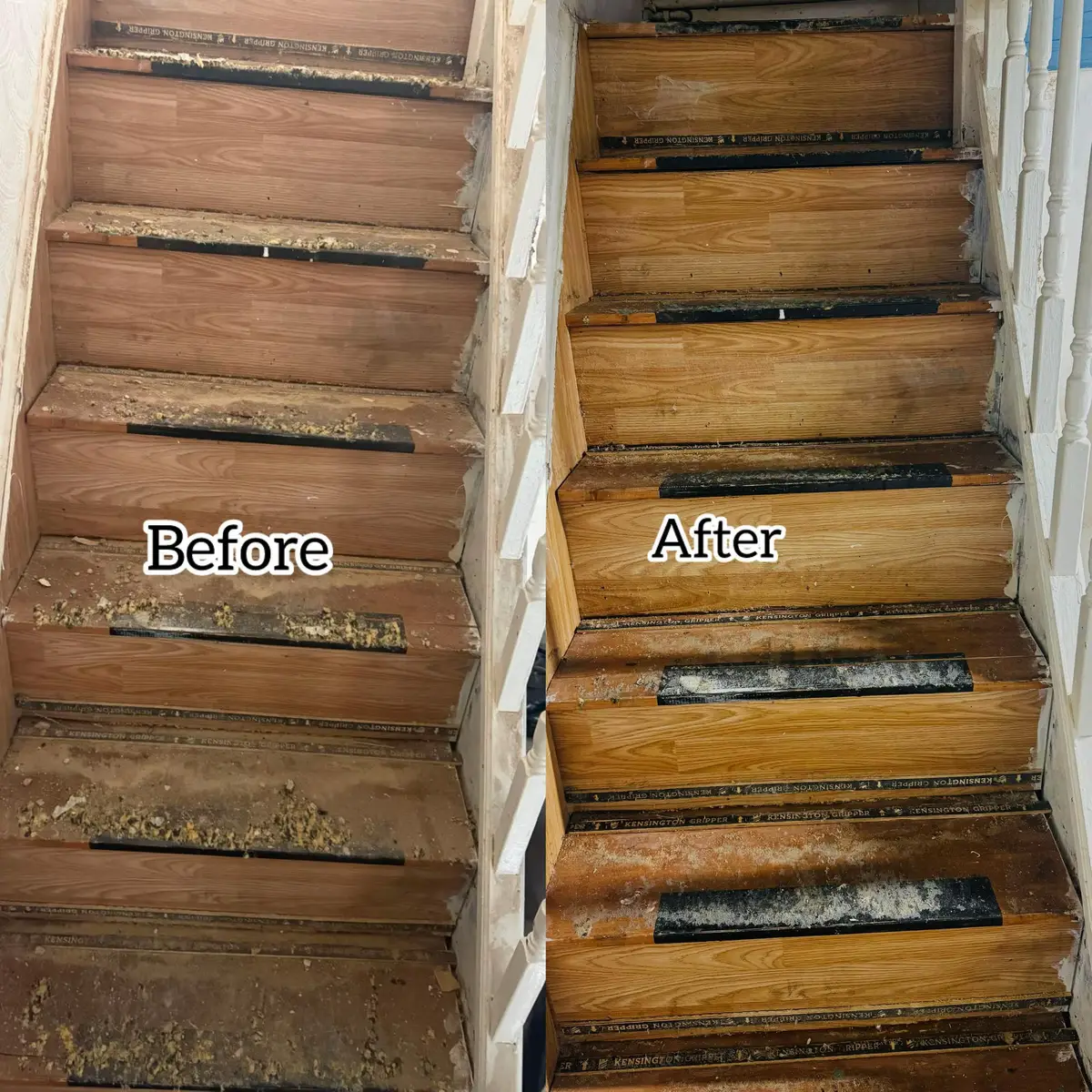 Wooden staircase before and after a thorough clean, removing dust and debris from each step
