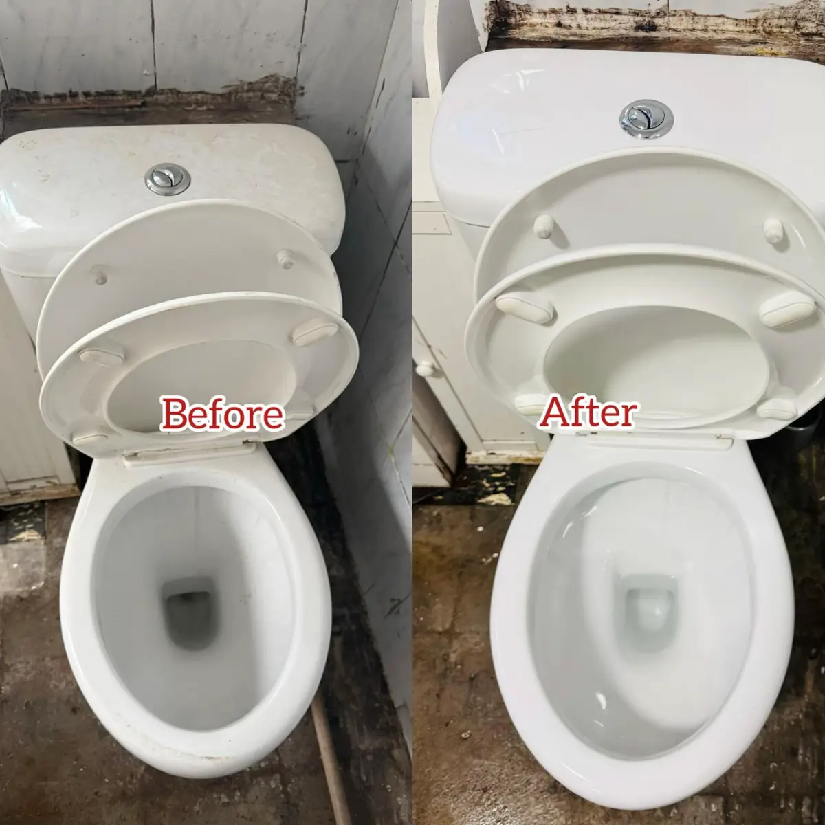 Toilet before and after deep sanitisation in a heavily soiled bathroom
