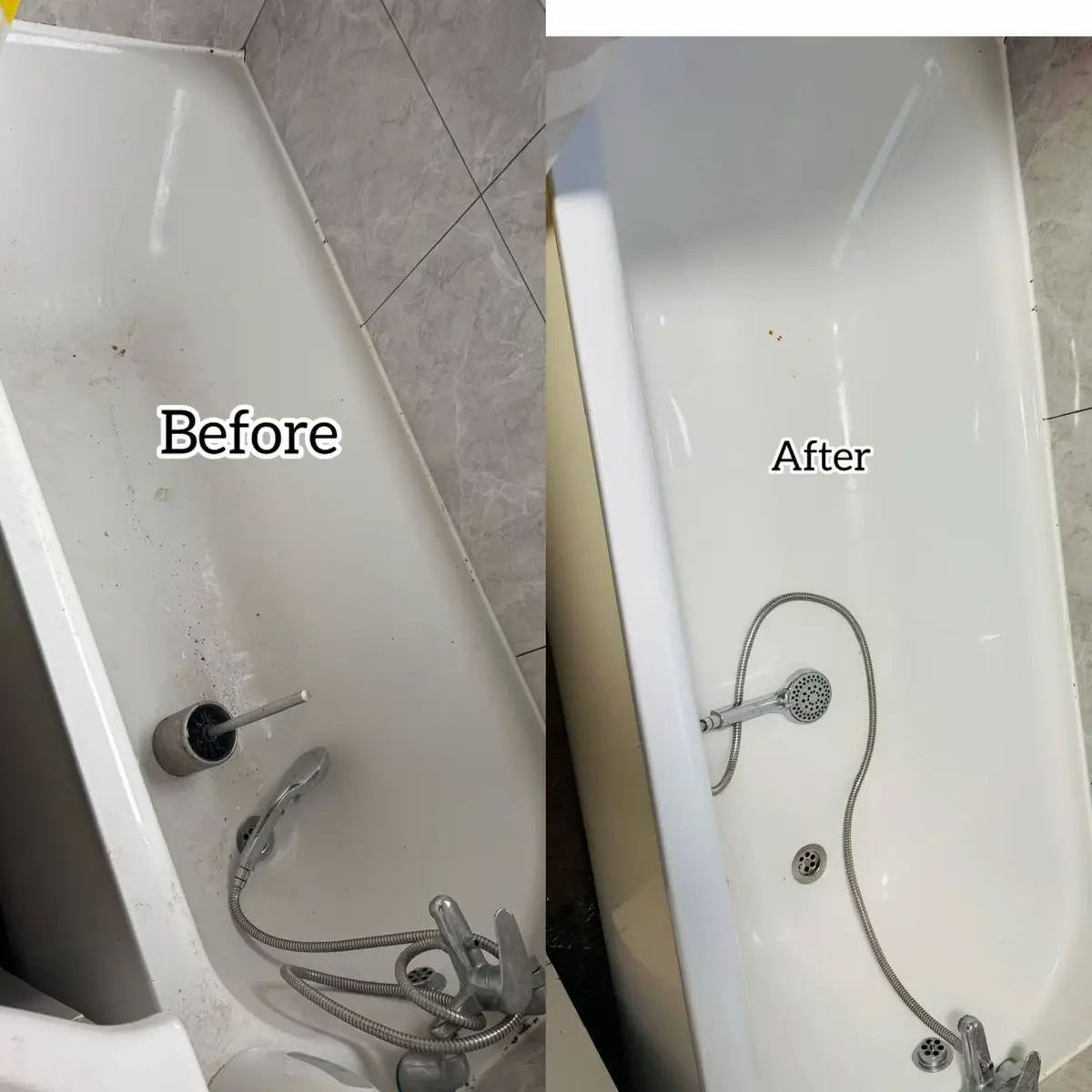 Bathtub before and after cleaning, removing limescale and stains for a sparkling finish