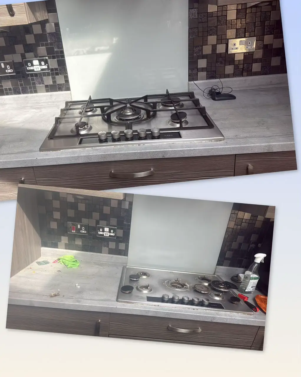 Heavily soiled oven interior before and after professional deep clean, fully degreased and gleaming