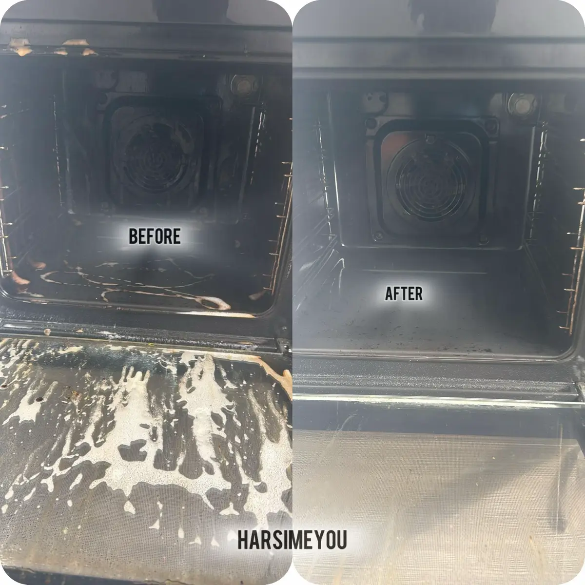 Kitchen gas hob during cleaning and after, fully degreased and polished to a clean finish
